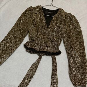 Sequin Gold Wrap Top with Puff Sleeves